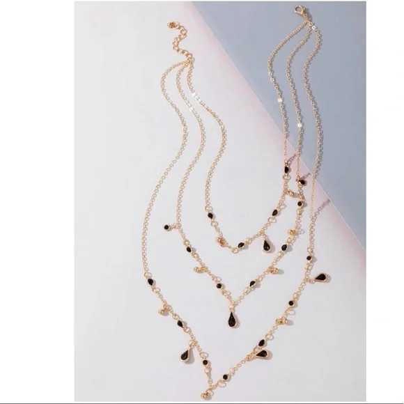 Water Drop 3 Layer Necklace (black/gold) - Picture 3 of 9